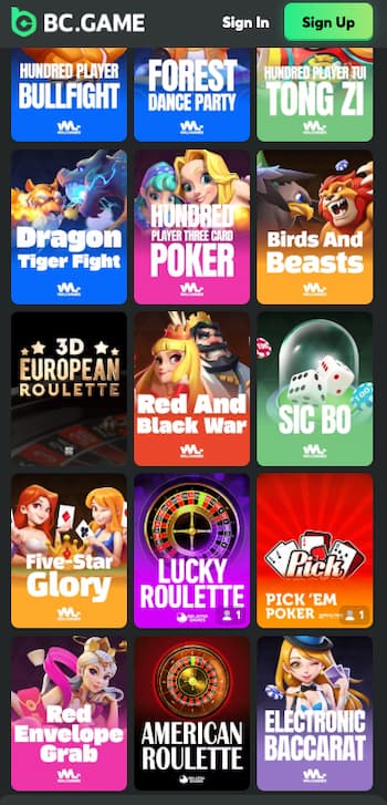 A view of the casino interface on BC Game, one of the best online roulette apps.